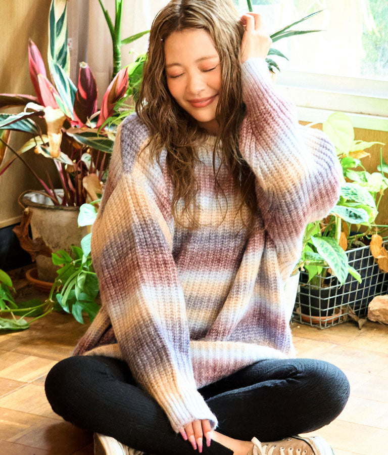 タイダイ ボーダー クルーネック ボリュームスリーブ ニット 853-5755