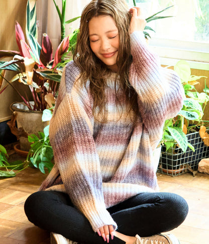 タイダイ ボーダー クルーネック ボリュームスリーブ ニット 853-5755