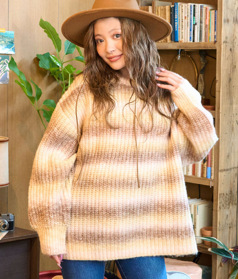 タイダイ ボーダー クルーネック ボリュームスリーブ ニット 853-5755