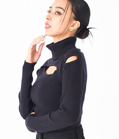 デコルテ オープン オフタートルネック ソフトタッチ ニット 長袖 493-2605