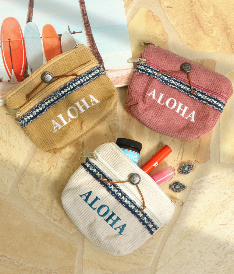 ALOHA刺繍 コンチョ付き コーデュロイ ミニ ポーチ 859-5922