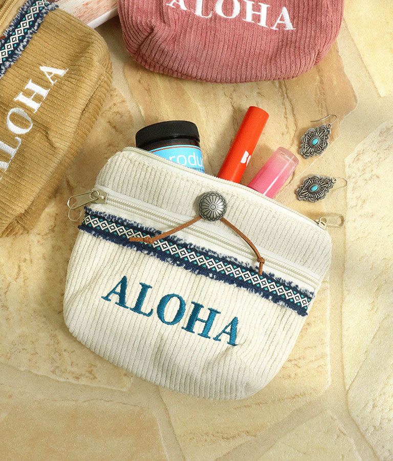 ALOHA刺繍 コンチョ付き コーデュロイ ミニ ポーチ 859-5922