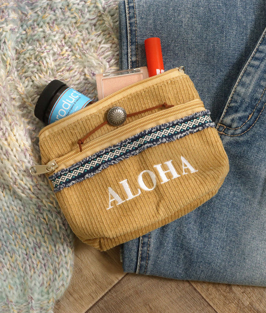ALOHA刺繍 コンチョ付き コーデュロイ ミニ ポーチ 859-5922