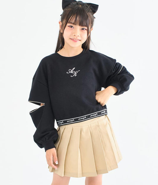 袖 ジップ デザイン ウエスト ロゴ ゴム クロップド丈 裏毛 長袖 スウェット トレーナー 423-3331