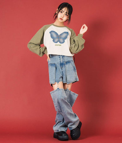 バタフライ デニムワッペン ラグラン スウェット トップス