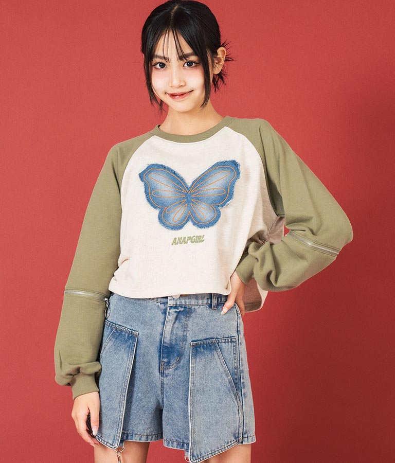 バタフライ デニムワッペン ラグラン スウェット トップス 913-7567
