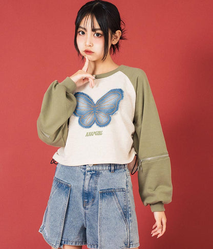 バタフライ デニムワッペン ラグラン スウェット トップス 913-7567