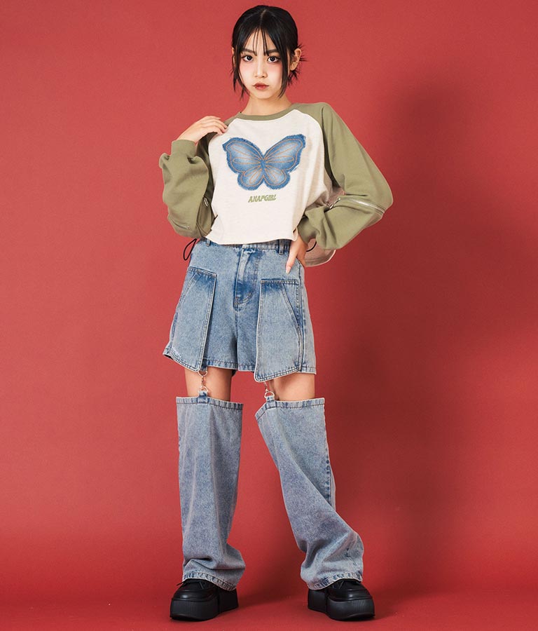 バタフライ デニムワッペン ラグラン スウェット トップス 913-7567