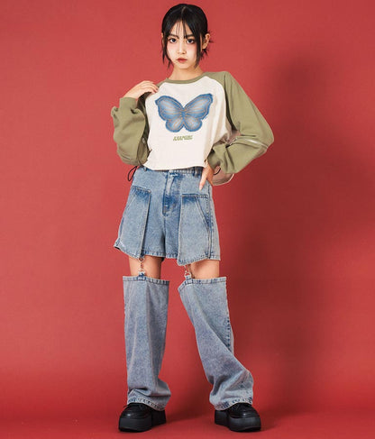 バタフライ デニムワッペン ラグラン スウェット トップス 913-7567