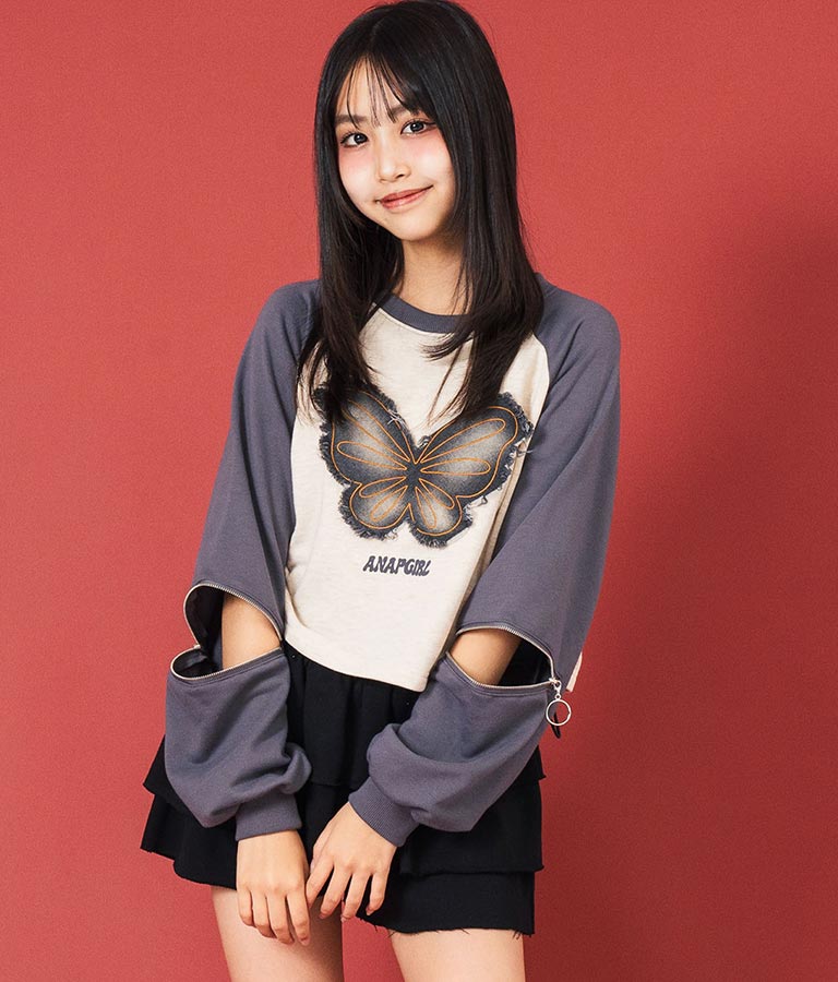 バタフライ デニムワッペン ラグラン スウェット トップス 913-7567