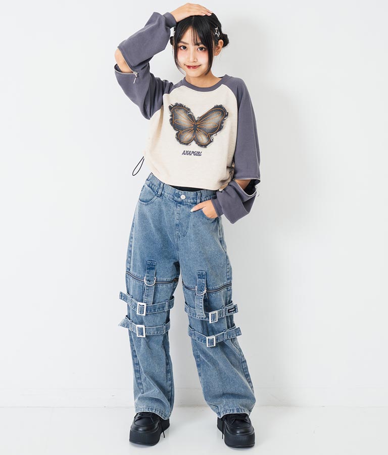 バタフライ デニムワッペン ラグラン スウェット トップス 913-7567