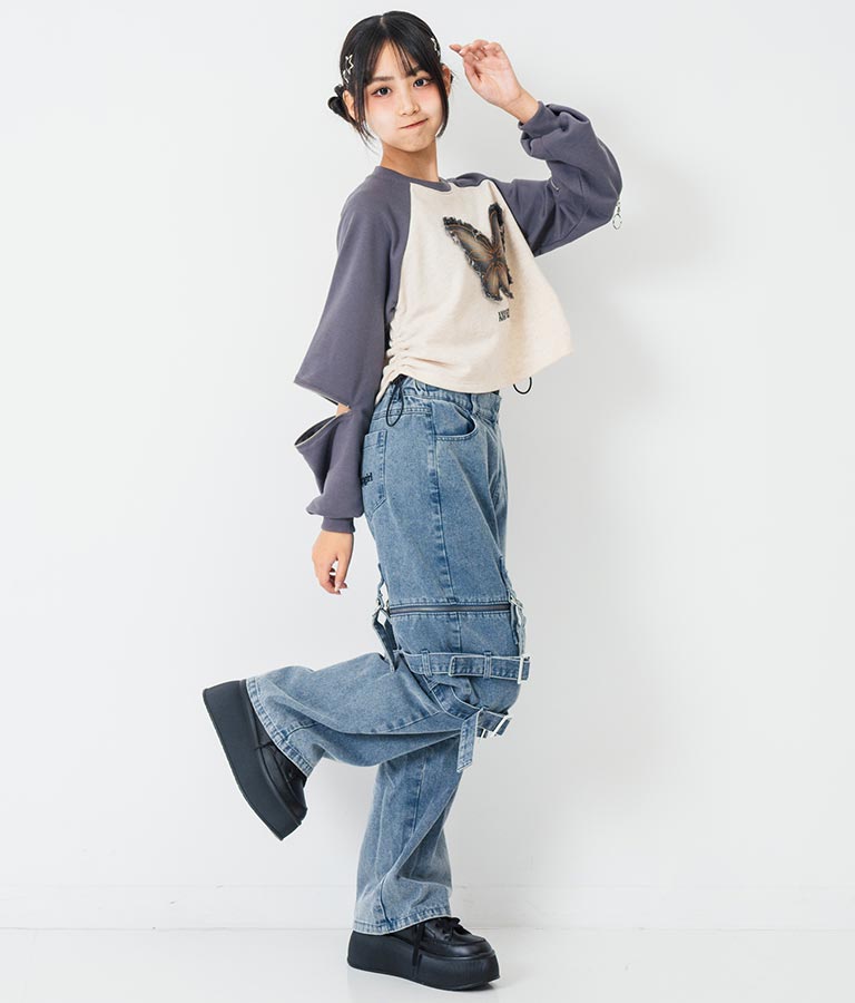 バタフライ デニムワッペン ラグラン スウェット トップス 913-7567