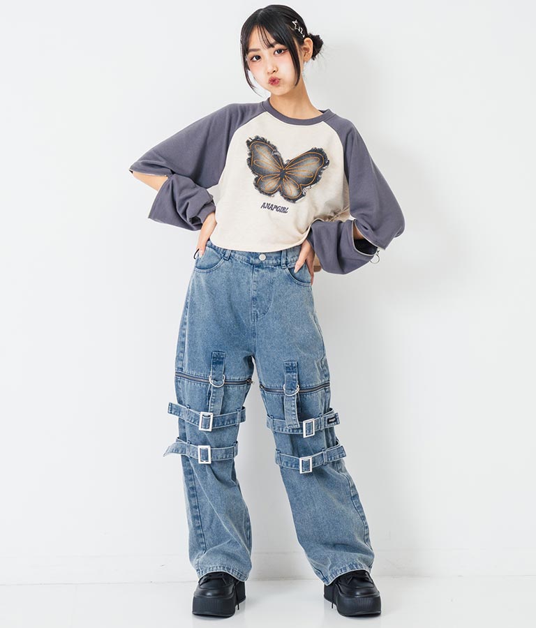 バタフライ デニムワッペン ラグラン スウェット トップス 913-7567