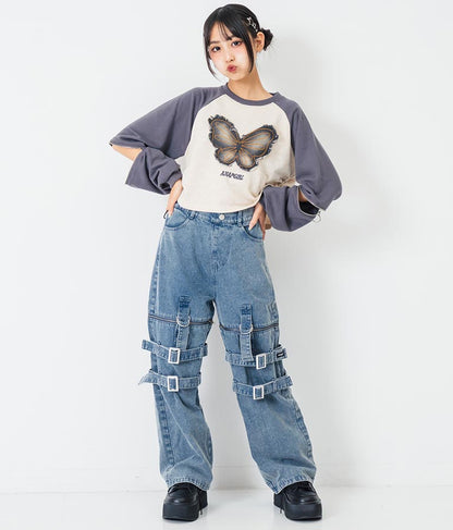 バタフライ デニムワッペン ラグラン スウェット トップス 913-7567