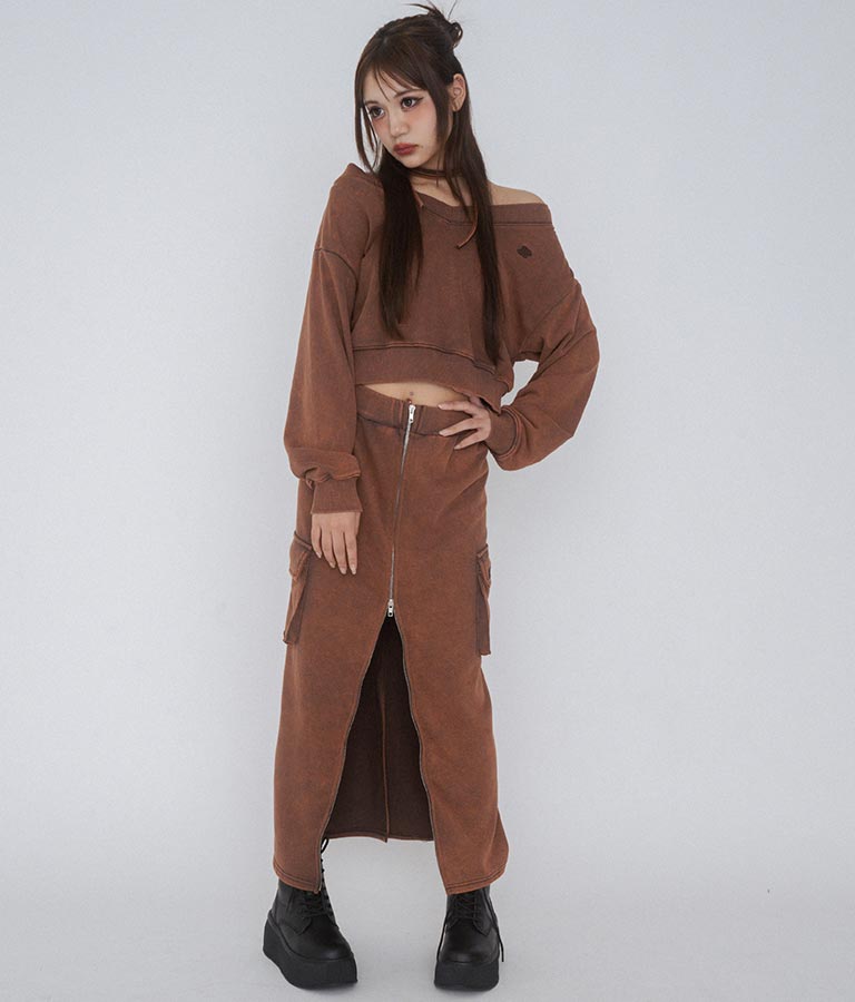 【ティーンズライン】ユーズド加工 ダブルジップ スウェット ロング スカート  (M、Lサイズ展開)