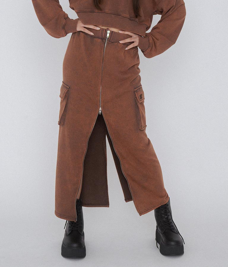 【ティーンズライン】ユーズド加工 ダブルジップ スウェット ロング スカート  (M、Lサイズ展開) 911-7592