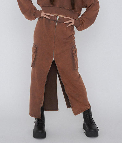 【ティーンズライン】ユーズド加工 ダブルジップ スウェット ロング スカート  (M、Lサイズ展開) 911-7592