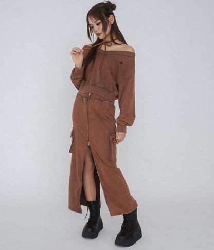 【ティーンズライン】ユーズド加工 ダブルジップ スウェット ロング スカート  (M、Lサイズ展開) 911-7592