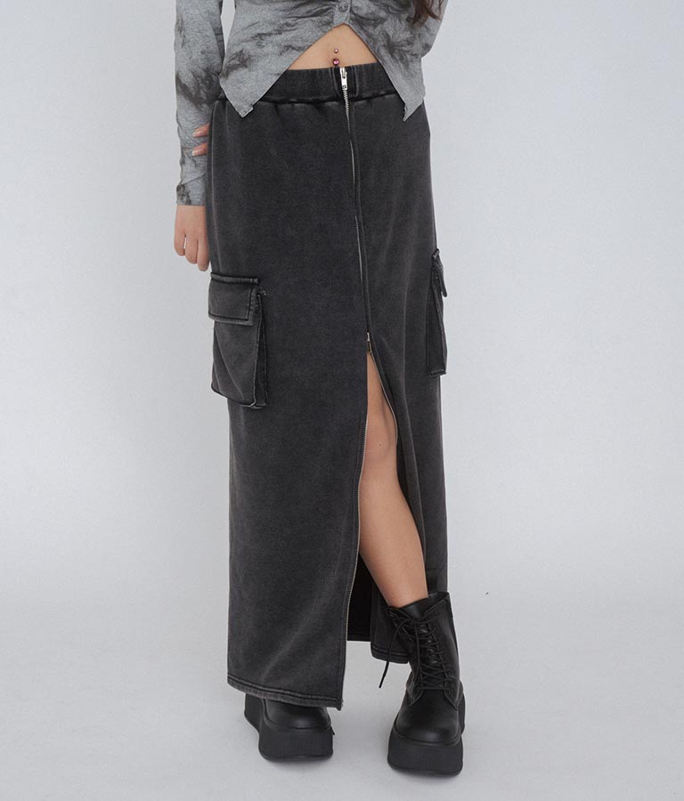 【ティーンズライン】ユーズド加工 ダブルジップ スウェット ロング スカート  (M、Lサイズ展開) 911-7592