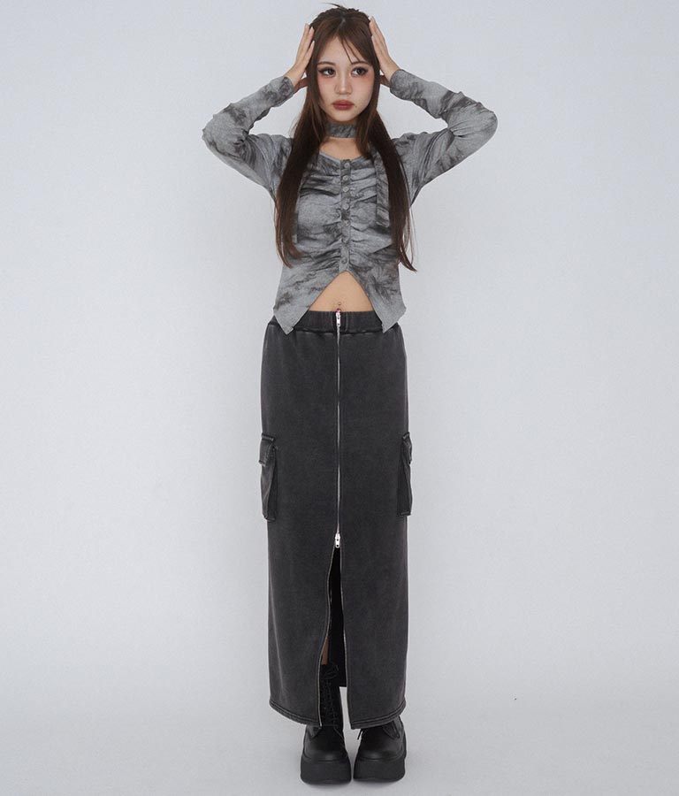 【ティーンズライン】ユーズド加工 ダブルジップ スウェット ロング スカート  (M、Lサイズ展開) 911-7592