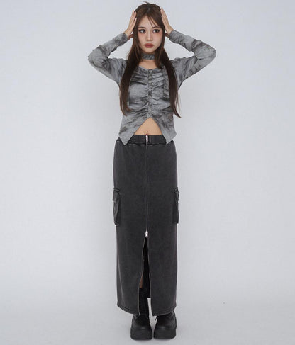 【ティーンズライン】ユーズド加工 ダブルジップ スウェット ロング スカート  (M、Lサイズ展開) 911-7592