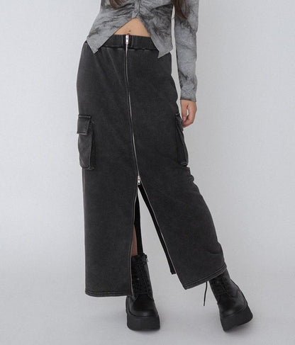 【ティーンズライン】ユーズド加工 ダブルジップ スウェット ロング スカート  (M、Lサイズ展開) 911-7592