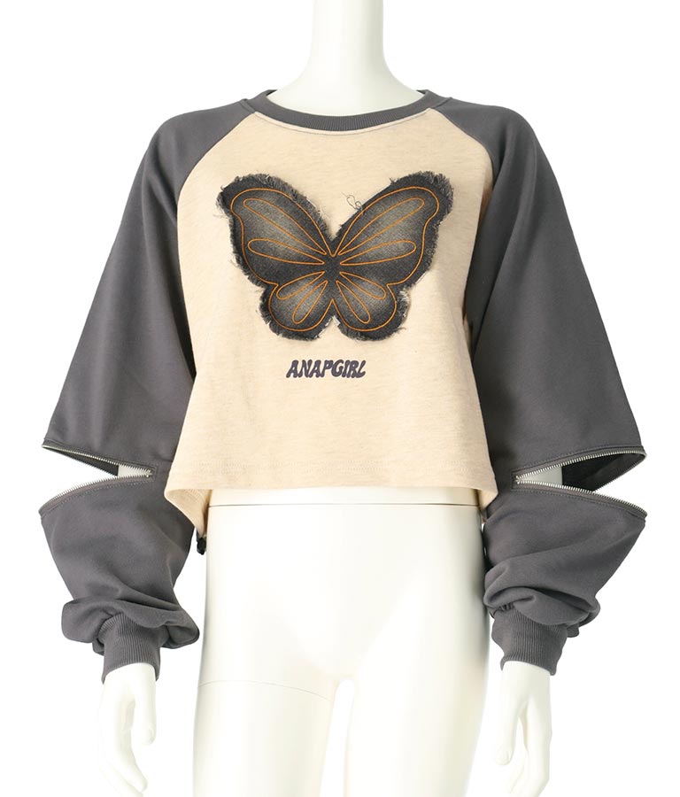 バタフライ デニムワッペン ラグラン スウェット トップス 913-7567