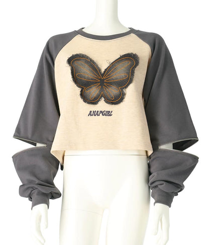 バタフライ デニムワッペン ラグラン スウェット トップス 913-7567