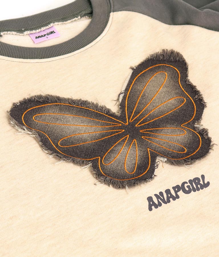 バタフライ デニムワッペン ラグラン スウェット トップス 913-7567