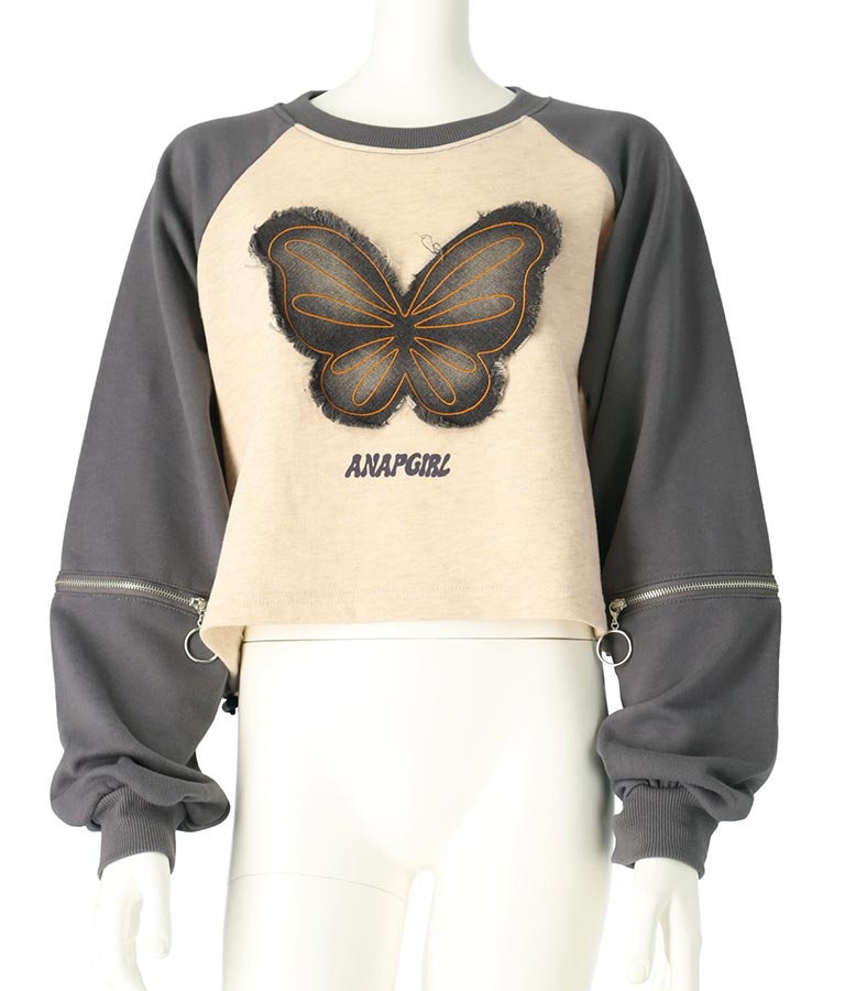 バタフライ デニムワッペン ラグラン スウェット トップス 913-7567