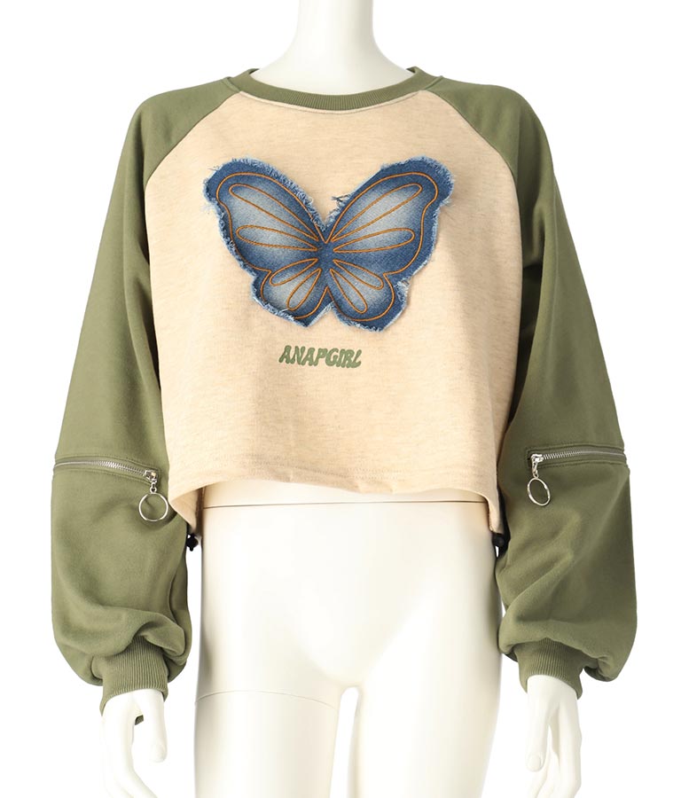 バタフライ デニムワッペン ラグラン スウェット トップス 913-7567