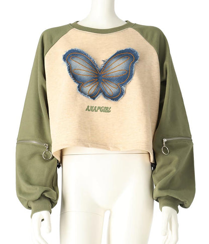 バタフライ デニムワッペン ラグラン スウェット トップス 913-7567