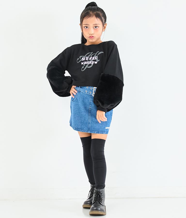 袖 ファー デザイン クロップド丈 スウェット 裏毛 長袖 トレーナー