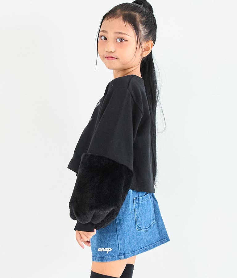 袖 ファー デザイン クロップド丈 スウェット 裏毛 長袖 トレーナー 423-3336