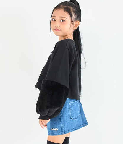 袖 ファー デザイン クロップド丈 スウェット 裏毛 長袖 トレーナー 423-3336