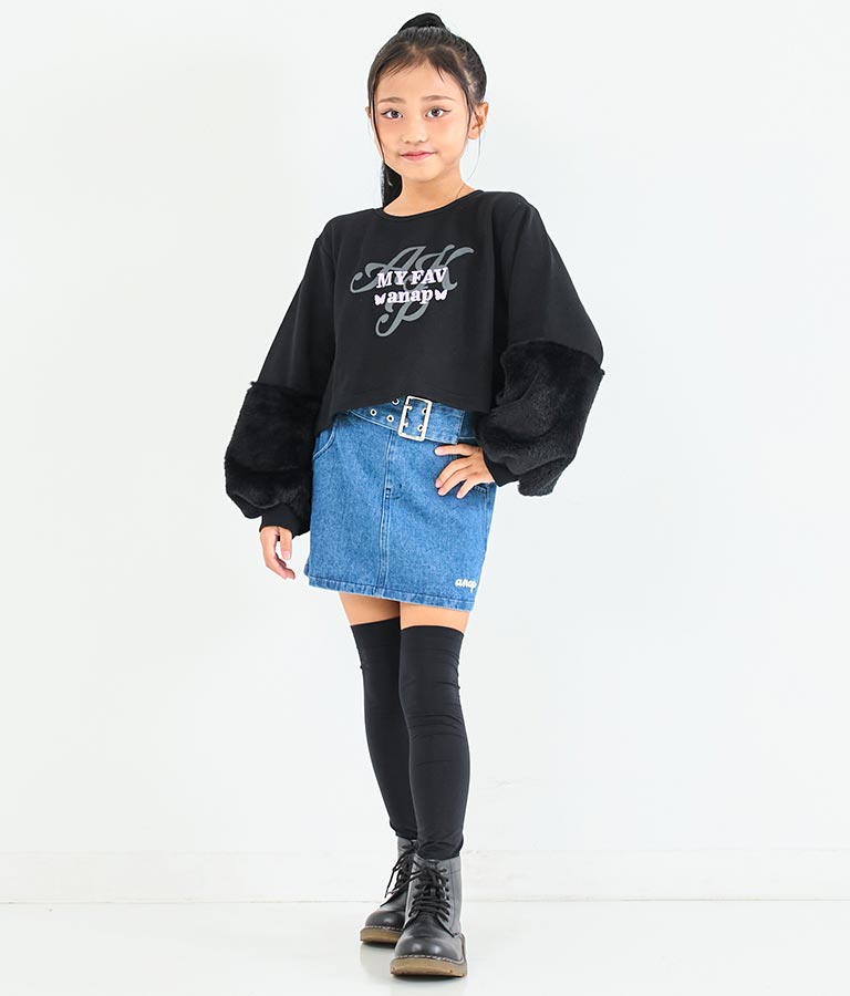 袖 ファー デザイン クロップド丈 スウェット 裏毛 長袖 トレーナー 423-3336