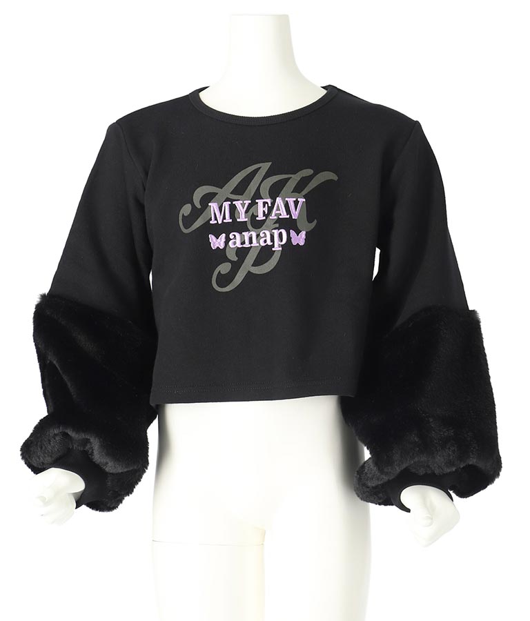 袖 ファー デザイン クロップド丈 スウェット 裏毛 長袖 トレーナー 423-3336