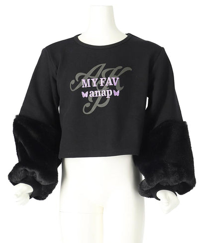 袖 ファー デザイン クロップド丈 スウェット 裏毛 長袖 トレーナー 423-3336