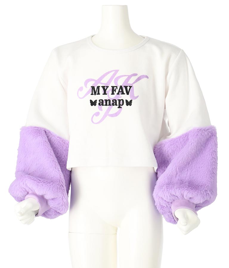 袖 ファー デザイン クロップド丈 スウェット 裏毛 長袖 トレーナー 423-3336