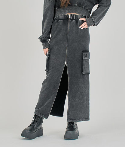 【ティーンズライン】ユーズド加工 ダブルジップ スウェット ロング スカート  (M、Lサイズ展開) 911-7592