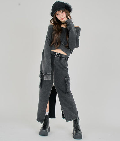 【ティーンズライン】ユーズド加工 ダブルジップ スウェット ロング スカート  (M、Lサイズ展開) 911-7592