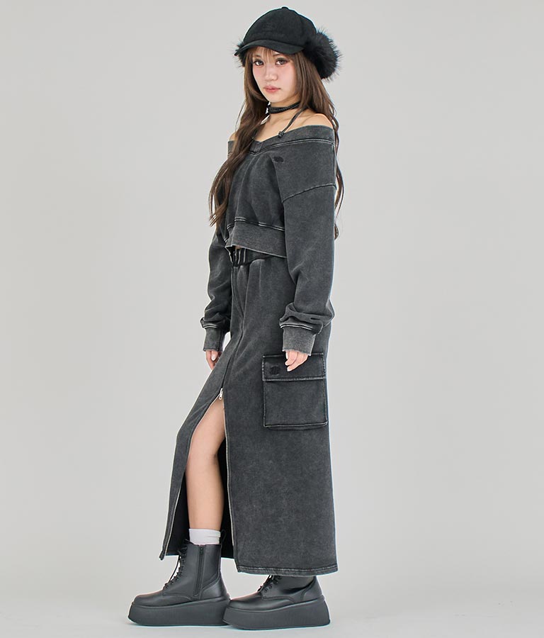 【ティーンズライン】ユーズド加工 ダブルジップ スウェット ロング スカート  (M、Lサイズ展開) 911-7592