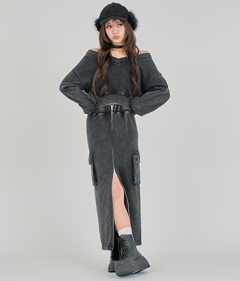 【ティーンズライン】ユーズド加工 ダブルジップ スウェット ロング スカート  (M、Lサイズ展開) 911-7592