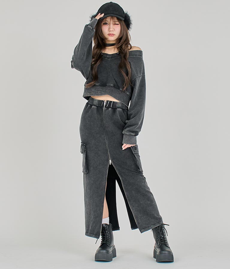 【ティーンズライン】ユーズド加工 ダブルジップ スウェット ロング スカート  (M、Lサイズ展開) 911-7592