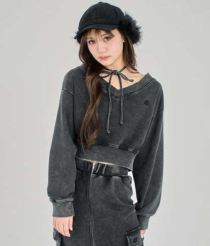 【ティーンズライン】チョーカー ミエ ユーズド 加工 Vネック スウェット トップス (M、Lサイズ展開) 913-7591