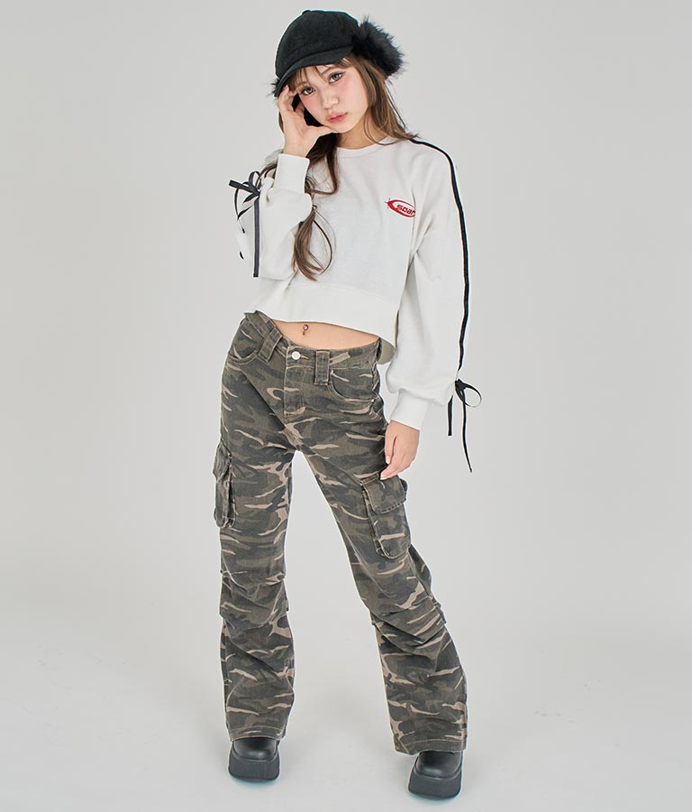 【ティーンズライン】袖 ライン リボン オーバー スウェット トップス (M、Lサイズ展開) 913-7593