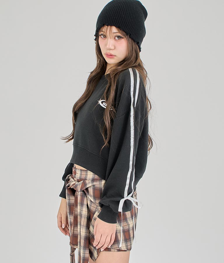【ティーンズライン】袖 ライン リボン オーバー スウェット トップス (M、Lサイズ展開) 913-7593