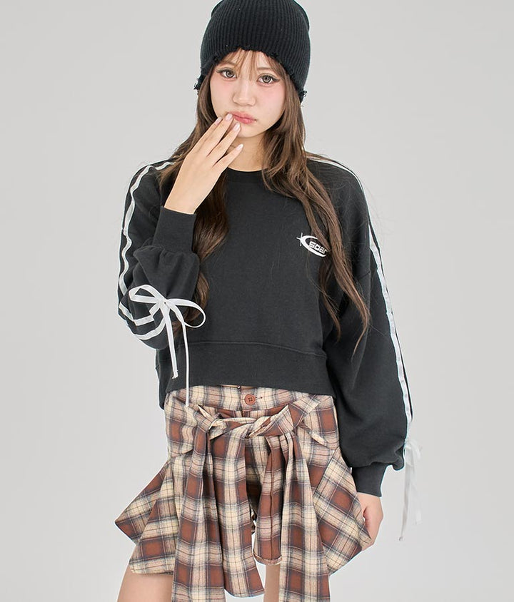 【ティーンズライン】袖 ライン リボン オーバー スウェット トップス (M、Lサイズ展開) 913-7593