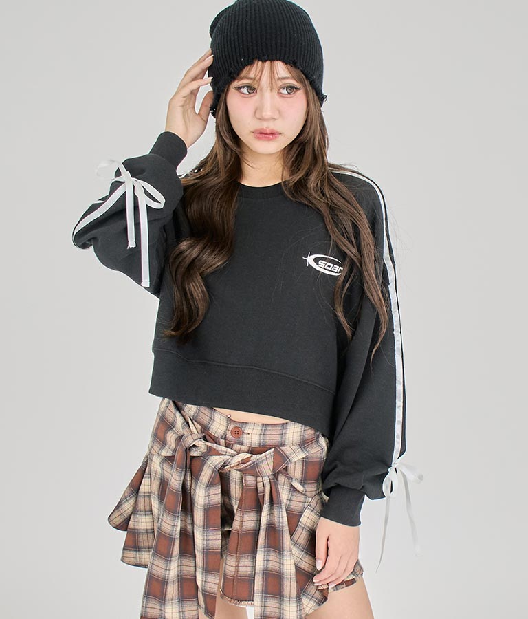 【ティーンズライン】袖 ライン リボン オーバー スウェット トップス (M、Lサイズ展開) 913-7593