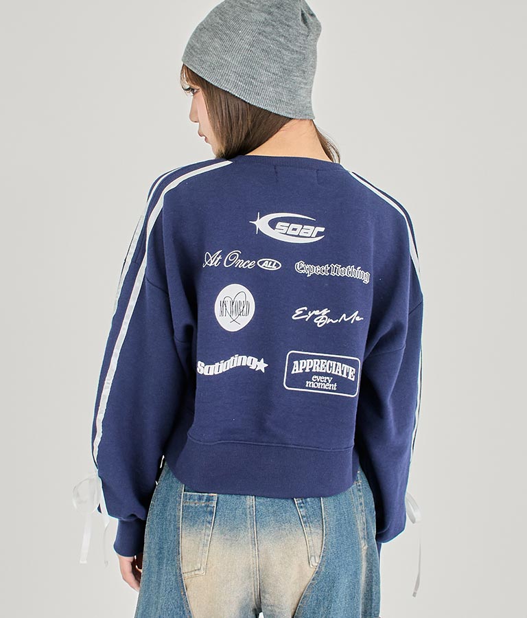 【ティーンズライン】袖 ライン リボン オーバー スウェット トップス (M、Lサイズ展開) 913-7593